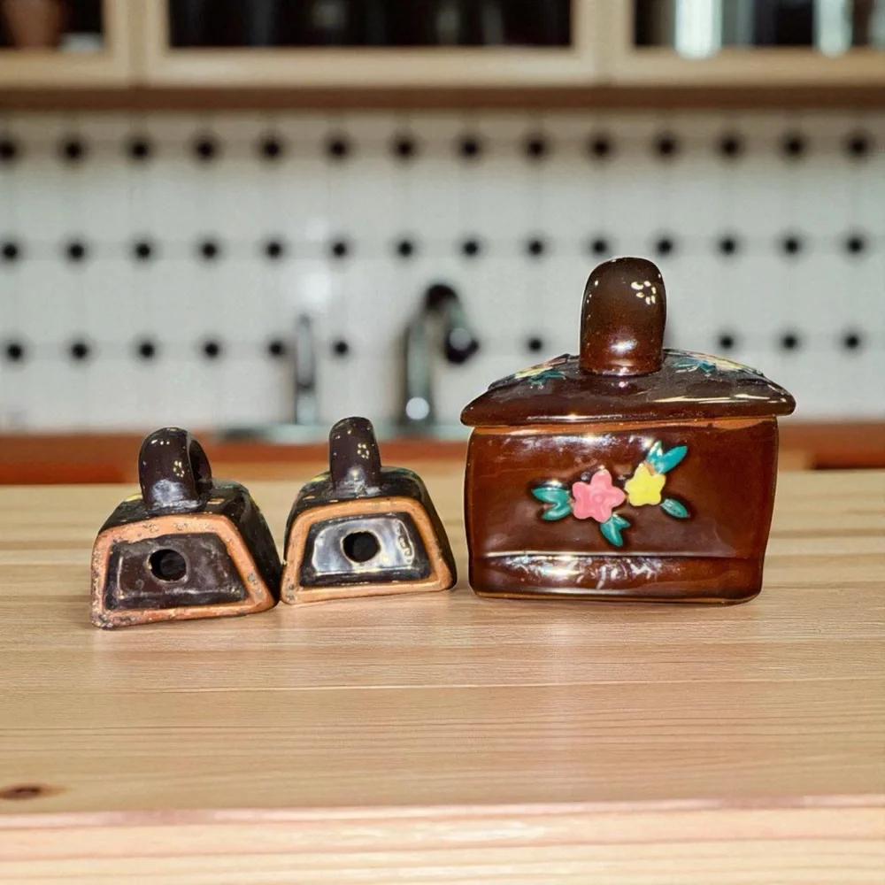 VTG Japan Redware Iron Shaped Sugar Bowl Salt Pepper Shaker Set 3pc